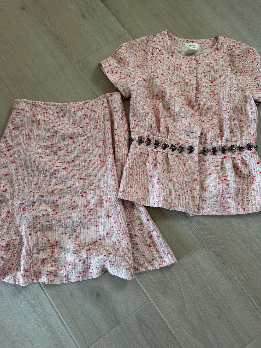 Vintage Neiman Marcus Beaded Tweed Skirt Suit Set Sz 6 Pink Red